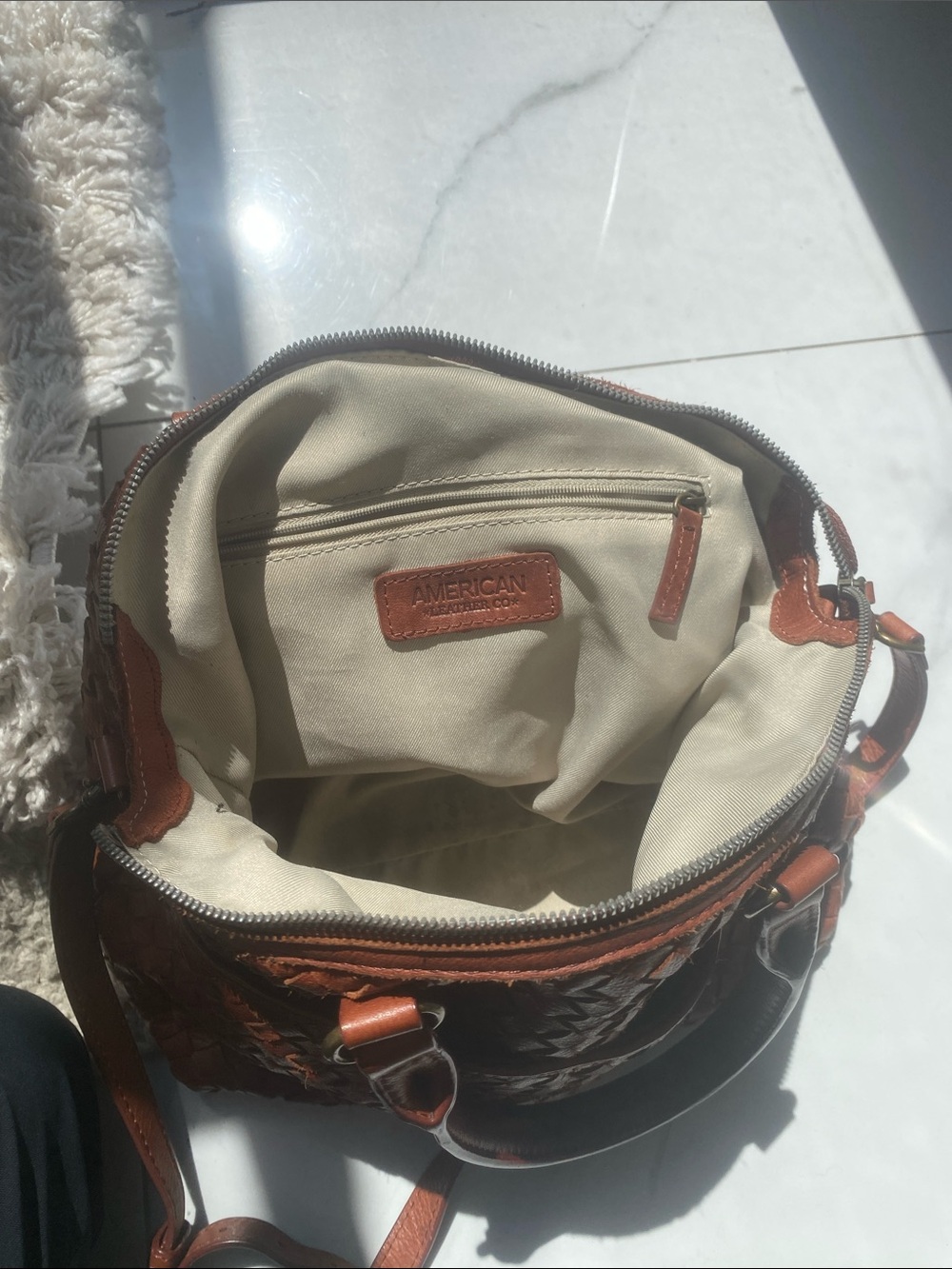 Woven Leather Satchel Handbag in Chestnut Brown - Picture 3 of 5